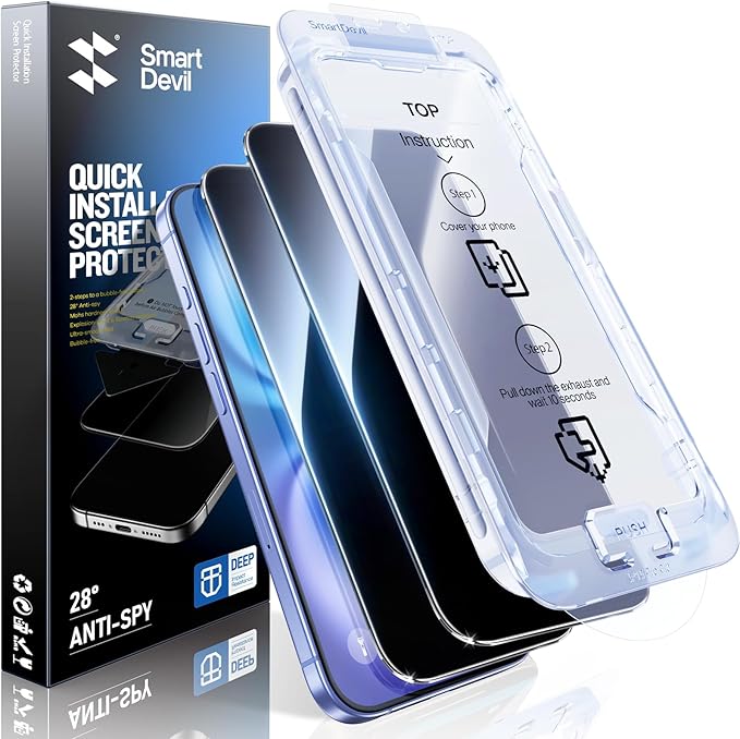 SMARTDEVIL 2PACK Privacy Screen Protector for iPhone 16 Shatterproof Tempered Glass [True 28°Anti Spy] [9H Hardness] [Auto Dust-Elimination Install] [Bubble Free]