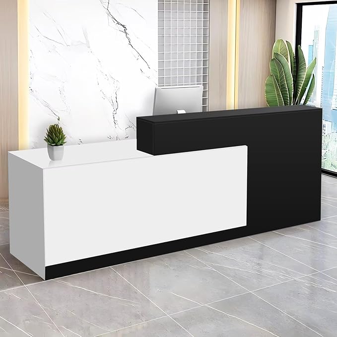 Reception Desk with Counter Modern Checkout Counter with Lockable Drawer Keyboard Tray Receptionist Desk for Office Salon Reception Table D Left 71inch/180cm