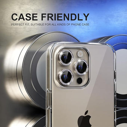 Choiche Compatible for iPhone 15 Pro/iPhone 15 Pro Max Camera Lens Protector Bling, 9H Tempered Glass Camera Cover Screen Protector Metal Ring Decoration Accessories (Diamond-Titanium Gray)