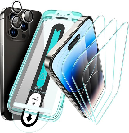 ESR for iPhone 14 Pro Max Screen Protector Set, 3 Tempered-Glass Screen Protectors and 1 Set of Camera Lens Protectors, Smooth Rounded Edges, Full-Coverage Military-Grade Protection, Scratch Resistant
