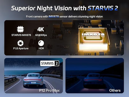 Pelsee 4K+2.5K Mirror Dash Cam with Front Starvis 2 IMX678 & Rear IMX335, 12" Rear View Mirror Camera, Color Night Vision, 5.8GHz WiFi, ADAS & BSD, Included OBD Hardwire Kit, 128GB Card, P12 Pro Max