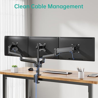WALI Triple Monitor Mount for 13-27 inch Screens, Adjustable 3 Monitors Desk Mount with Swivel, Tilt, Clamp & Grommet Kit, Gas Spring Arm Triple Monitor Stand, VESA 75x75/100x100mm (GSDM003), Black