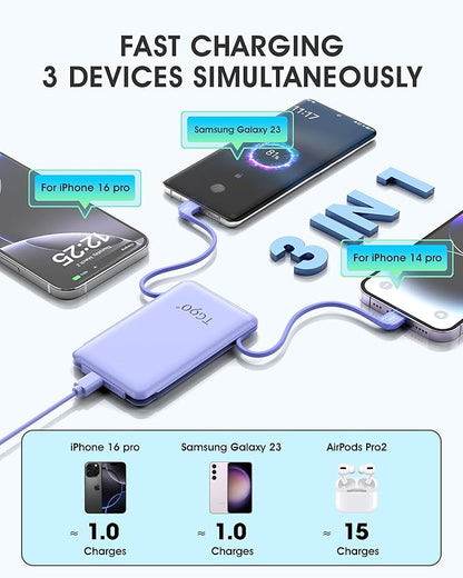 TG90° 2 Pack External Battery Pack 5000mAh Portable Charger, USB C Power Bank with Built-in Foldable AC Wall Plug and Cables, Mini Battery Charger Compatible with iPhone, Samsung, Google etc