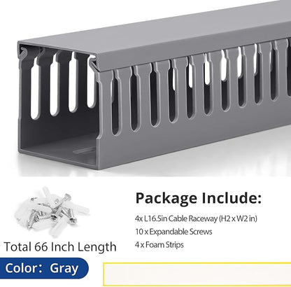 ZhiYo 66in(4X L16.5in) Professional Server Rack Cable Management Raceway, H2in x W2in Cable Raceway Kit, Electrically Safe PVC Open Slot Wire Raceway for Under Desk/Computer/Network Cords, Grey