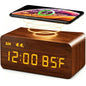 Premium White Wooden Digital Alarm Clock with Wireless Charging Pad, Time & Temperature Display, Dual Alarms & Snooze, Dimmable, Small LED Desk Clock for Bedroom Nightstand Bedside Living Room Table