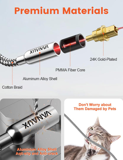 VANAUX Digital Optical Audio Cable 15FT (24K Gold Plated Connectors, Aluminum Alloy Shell,Braided Jacket) S/PDIF Toslink Cable Fiber Optic Cable for Home Theater, Soundbars, Gaming Consoles