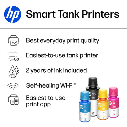 HP Smart Tank 5000 Wireless All-in-One Ink Tank Printer, Scanner, Copier with 2 Years of Ink Included, Best-for-Home, Cartridge-Free, Refillable and AI-Enabled. (5D1B6A)