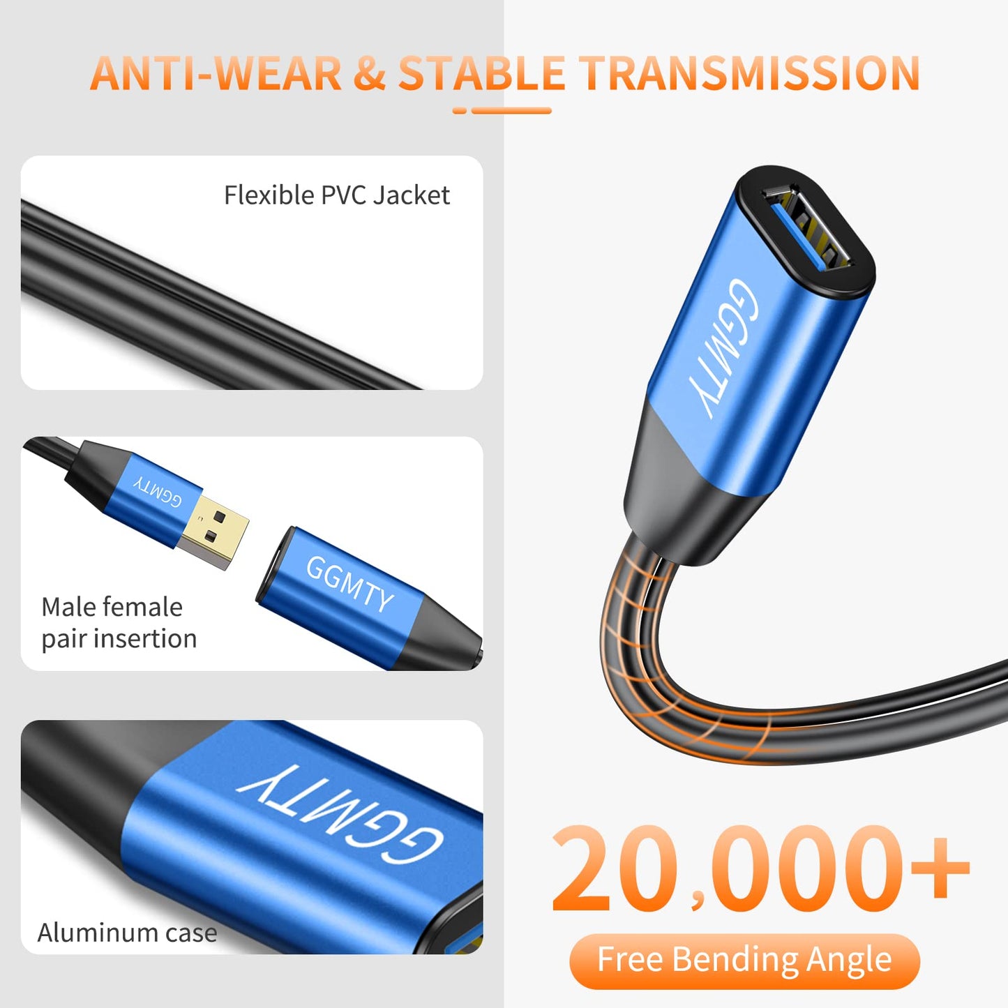 GGMTY USB 2.0 Type A Male to A Female Active Repeater Extension Cable 50ft, High Speed 480 Mbps
