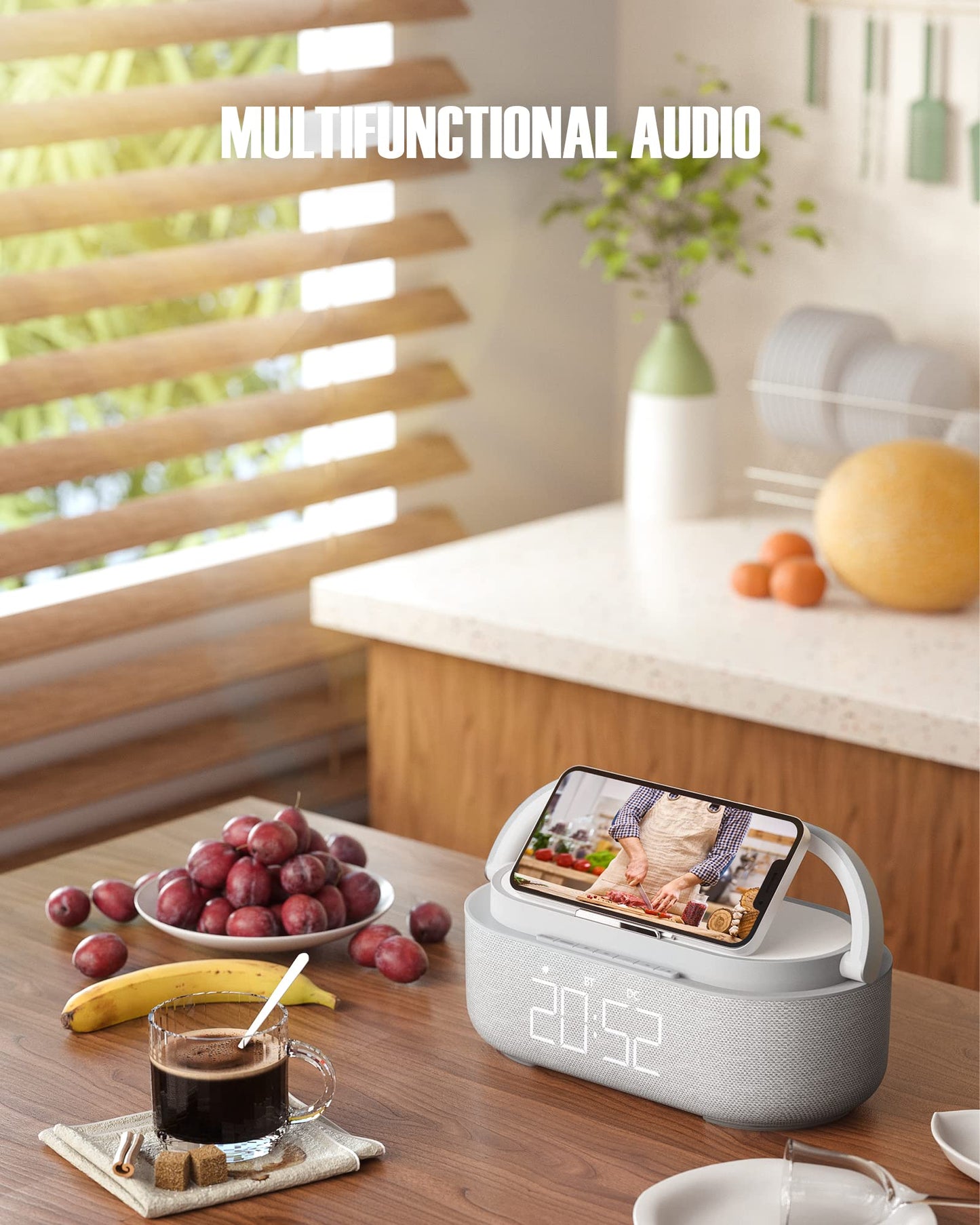 Bluetooth Speaker Alarm Clock & Wireless Charger for Bedside, Home, Office