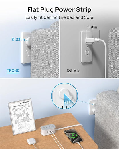 TROND Flat Plug Power Strip: 3.3ft Wrapped Short Extension Cord with 4 Outlets, 4 USB Ports, Small Charging Station, Travel Home Office Cruise Ship Dorm Room Essentials, Gray