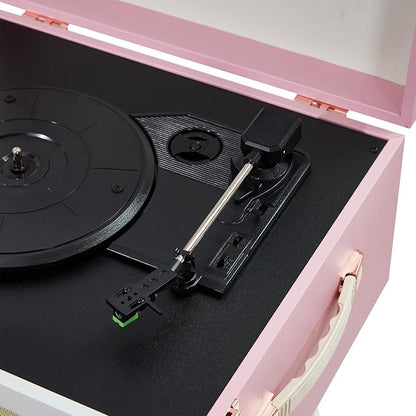 Arkrocket Discovery II 3-Speed Bluetooth Record Player Retro Console Turntable with Built-in Speakers and Removable Legs (Pink/White)