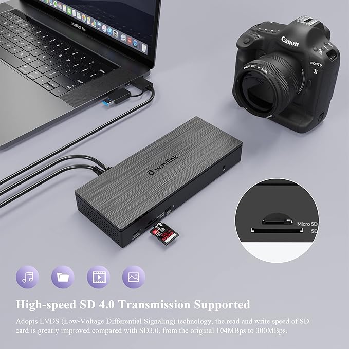 WAVLINK DisplayLink Laptop Docking Station - Quad Monitor 5K/4K@60Hz, 100W Charging - Thunderbolt 4/3, USB-C/A - M1 M2 Mac/Windows/Chrome/Ubuntu - 4 HDMI, 4 DP, 180W Power, SD 4.0 CR, 2.5Gbps LAN