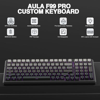 AULA F99 Pro Wireless Mechanical Keyboard,Hot Swappable Custom Keyboard,RGB Backlit,Pre-lubed Linear Switches,Side Printed PBT Keycaps,2.4GHz/USB-C/BT5.0 Mechanical Gaming Keyboards