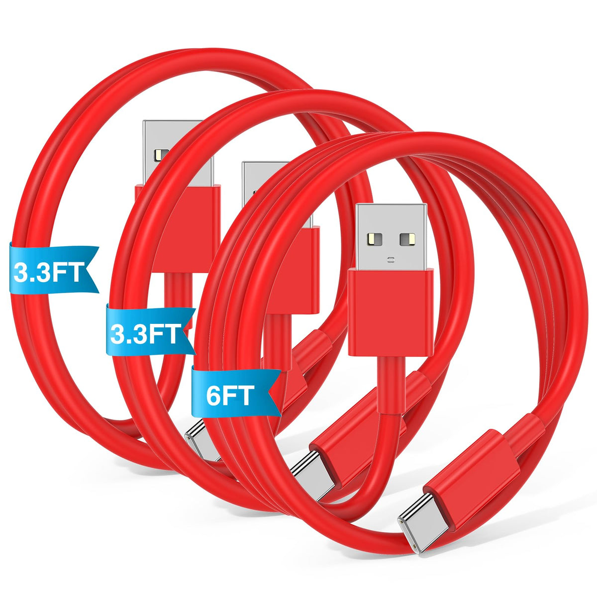 JERMASAL 3-Pack Blue [3.3FT+3.3FT+6FT] USB A to USB C Cable, Compatible with iPhone 15/16, iPad, Samsung, MacBook, PS5 and More, Fast Charging, Carplay Cable