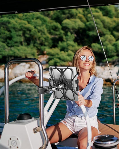 Metal iPad Tablet Mount for Boat Helm, Wheelchair Pole, Golf Cart, Stroller, Mic Stand, Fitness Bike, Road Mountain Bicycle - 360° Adjustable Handlebar Clamp for 4.7-13" iPad Pro, Air, Mini, Galaxy