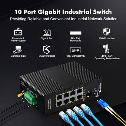 MokerLink 8 Port Gigabit Industrial DIN-Rail Ethernet Switch, 2 SFP Ports with 1 LC 20KM Module(SMF), IP40 Rated Unmanaged Network Switch (-40 to 185°F), with UL Power Supply