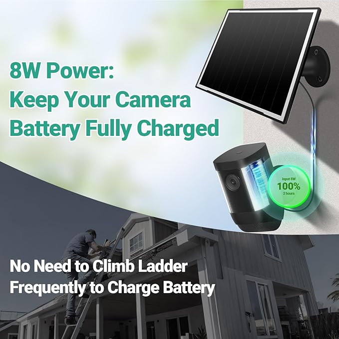 Solar Panel for Ring Camera, 8W High - Efficiency Solar Charger, Compatible with Stick Up Cam & Spotlight Cam (Battery) - Waterproof, 16ft Long Cable, USB-C & DC5V Ports, Sleek Black Finish
