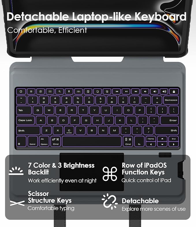 Nillkin Carry Go Keyboard Case for iPad Pro 13 inch (M4) 2024 with Handle, Rugged Case with Detachable Keyboard for iPad Pro 13, Magic Trackpad, 7 Colors Backlit, Camera Cover, Black