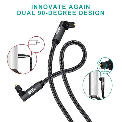 EMK 【Upgraded】 Double 90 Degree Optical Audio Cable Free-Rotating Toslink Plug Nylon Braided S/PDIF Digital Right Angle Optical Male to Male Cable for Home Theater,Sound Bar,TV(6.6ft/2m)