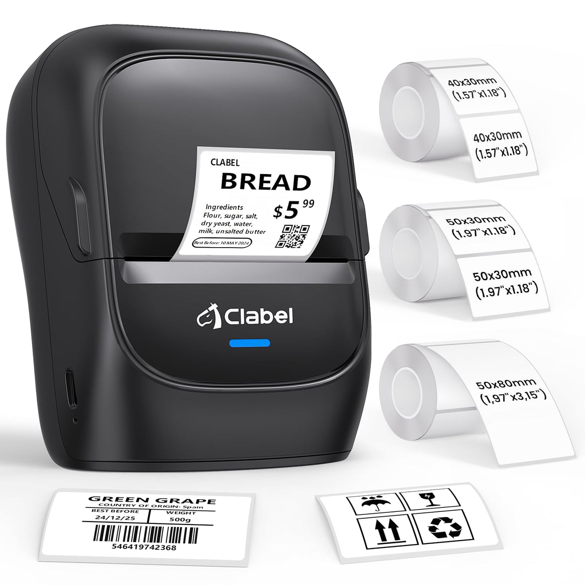 CLABEL 221B 2" Bluetooth Thermal Label Printer with 1 Label Roll, Black