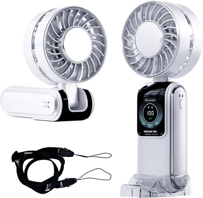Blows Cold Air Portable Handheld Fan with Stand & Lanyard, 5000mAh USB-C Rechargeable Battery, 12H/5-Speed LED Display Mini Fan for Travel Beach Cruise Concerts Outdoor Events(White)