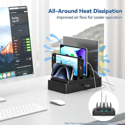 KDD Vertical Laptop Stand with Drawer - 7-in-1 Space-Saving Laptop Holder with Gravity Locking Fits MacBook, Dell, HP, Chromebook, Surface Pro, Tablet, Cell Phone, Switch, Keyboard Desktop Organizer