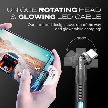 Statik 360 Pro Magnetic Charging Cable - Type C Charger Fast Charging 3 in 1 USB C to USB C Cable, Micro USB & iProduct Tips, USB A Adapter, Fits All Devices - 100W Fast Charger, GloBright 6FT/2M