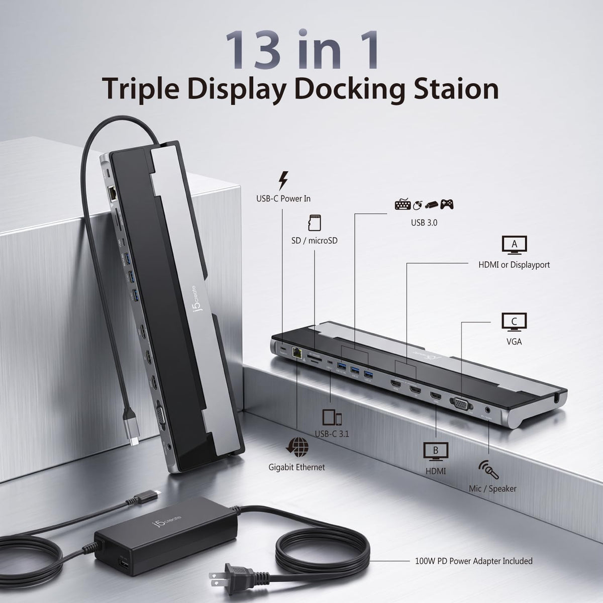 j5create USB-C Docking Station for up to 3 Displays with 100W PD Charger