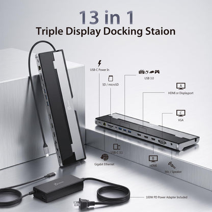 j5create USB-C Docking Station for up to 3 Displays with 100W PD Charger
