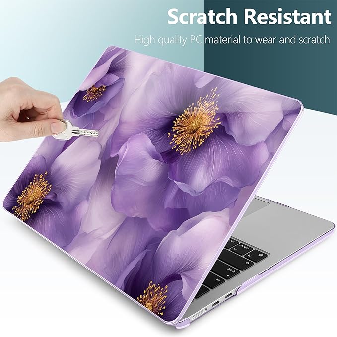TWOLSKOO Compatible with M4 MacBook Air 15 inch Case 2025-2023 Released Model M4 A3241 M3 A3114 M2 A2941, Plastic Hard Shell & Screen Protector & Keyboard Cover & Type C Adapter, Purple Flowers