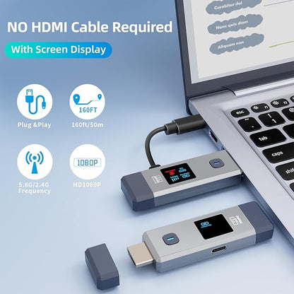 Wireless HDMI Transmitter and Receiver 165ft/50m for 4K Decode Input 1080P Output Plug&Play Portable 2.4G/5.8G for Video and Audio to Monitor from PC/Projector/TV Box, with Display Screen