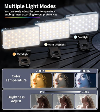 Selfie Light, 96 LED Phone Light with Metal Hotshoe & Clip, 1500mAh Rechargeable 360° Full Color 21 Scenes RGB Video Light for Phones, iPhone, Laptops, Cameras, Selfie, Video Conference, TikTok