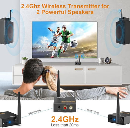 YMOO 3 in 1 2.4Ghz Wireless Audio Transmitter and Receiver,2 Receivers for Two Speakers,20ms Ultra Low Latency,192kHz/24bit HiFi,320ft Range RCA Jack Wireless Adapter for TV/Speaker/PC/Home Stereo