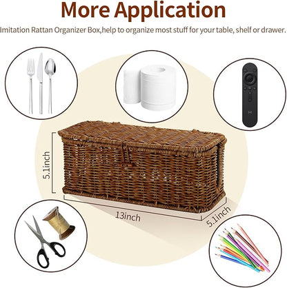 Cable Management Box, Desk Handwoven Rattan Cord Hider Organizer Box With Lid Button Lock, Power Strip Holder Decorative Box, Floor Cord Surge Protector Storage Box