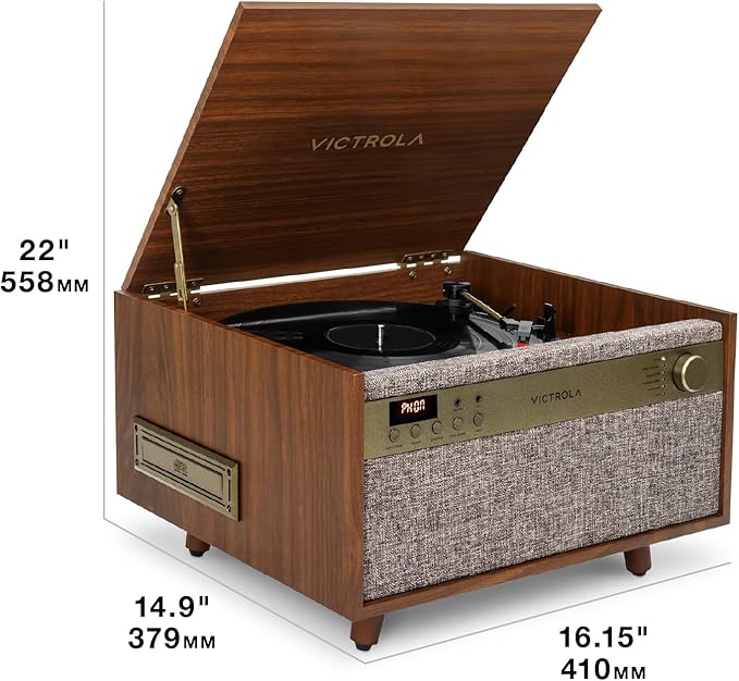 Victrola Century 6-in-1 Vinyl Record Player & Music Center – 3-Speed Turntable, CD & Cassette Player, VINYLSTREAM, Bluetooth & 3.5mm Aux, Record Player with Speakers, Mid Century Design (Black)