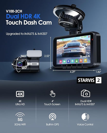 4K Dash Cam Front and Rear STARVIS 2 IMX675 & IMX307 Dual HDR, 4" Touch Screen Dash Camera Built-in GPS 5G WiFi, Car Camera with 64G Card, Voice Control, Night Vision, Parking Mode V100-2CH