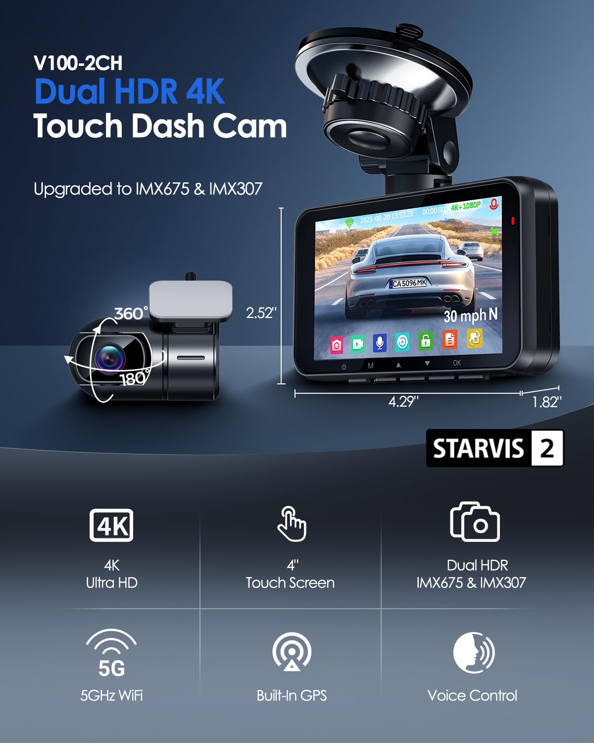 HUPEJOS 4K Dash Cam Front and Rear,STARVIS 2 HDR Dash Camera for Car