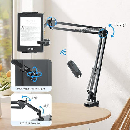 Tablet Holder for Kindle Reading in Bed with Remote Page Turner, Easy Adjust Hands Free Lazy Arm Mount for Kindle Accessories, Gifts for Readers