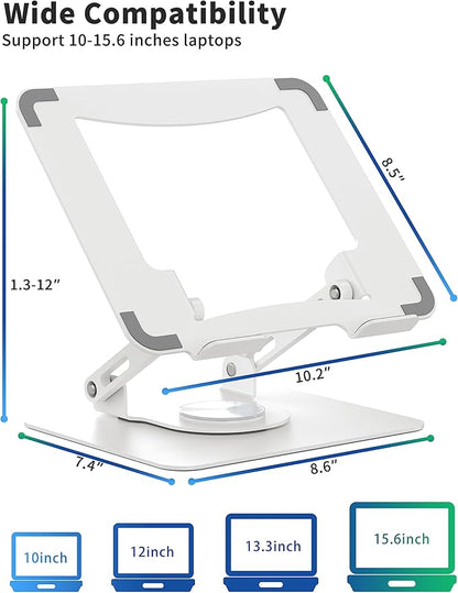 SOUNDANCE Laptop Stand with 360° Rotating Base, Ergonomic Computer Riser for Desk, Adjutable Height Muti-Angle, Foldable Laptop Mount, Stable Metal Holder Support 10-15.6" Notebook PC, White