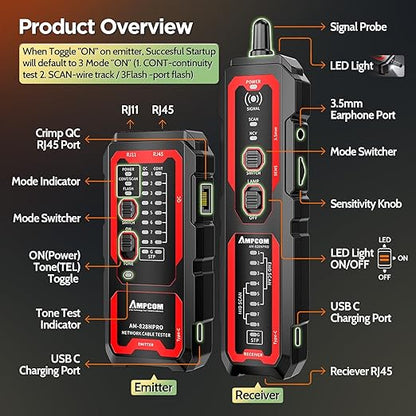 AMPCOM Wire Tracker & Network Cable Tester with PoE Detection, NCV Voltage Detection, RJ45/RJ11 Line Tracer, Type-C Rechargeable, LED Light, for LAN/Ethernet/Telephone Continuity Testing