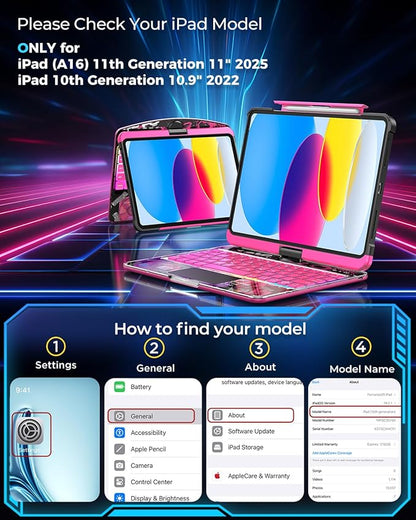 SIBEITU Keyboard Case for iPad A16 11th Gen 11" 2025 & 10th Gen 10.9" 2022, Clear Wireless Keyboard Protective Cover with Multi-Touch Trackpad, 7-Color Backlight & 3-Brightness, 360 Rotatable, Pink