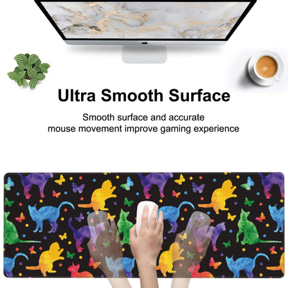 Colorful Cats and Butterflies Desk Mat,Large Watercolor Kittens Butterfly Gaming Keyboard Mouse Pad,Non-Slip Rubber Base Desk Pad Thick Stitched Edges Waterproof Mousepad Mouse Mat 31.5"x11.8"