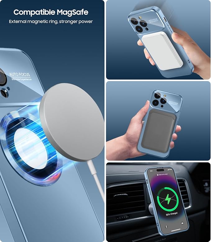 Magnetic for iPhone 12 Pro Max Case, Compatible with MagSafe, Built-in Camera Lens Protector, Logo View, Military Grade Drop Proof Phone Case Cover, Sierra Blue