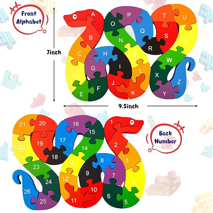 LovesTown Montessori Wooden Alphabet Puzzle for Toddlers, Snake ABC Learning Toys for Kids, Educational Preschool Jigsaw Puzzle for Early Childhood Development, Ideal Gift for Boys and Girls