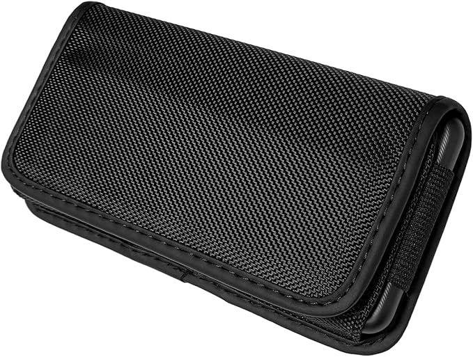 Nylon Cellphone Holster for iPhone 12/13/14/15 Pro, Cricket Debut, Calypso 1/2, Nokia C100, Samsung S22 5G S10, Horizontal Case Canvas Waist Carrying Pouch with Belt Clip/Loops, Black