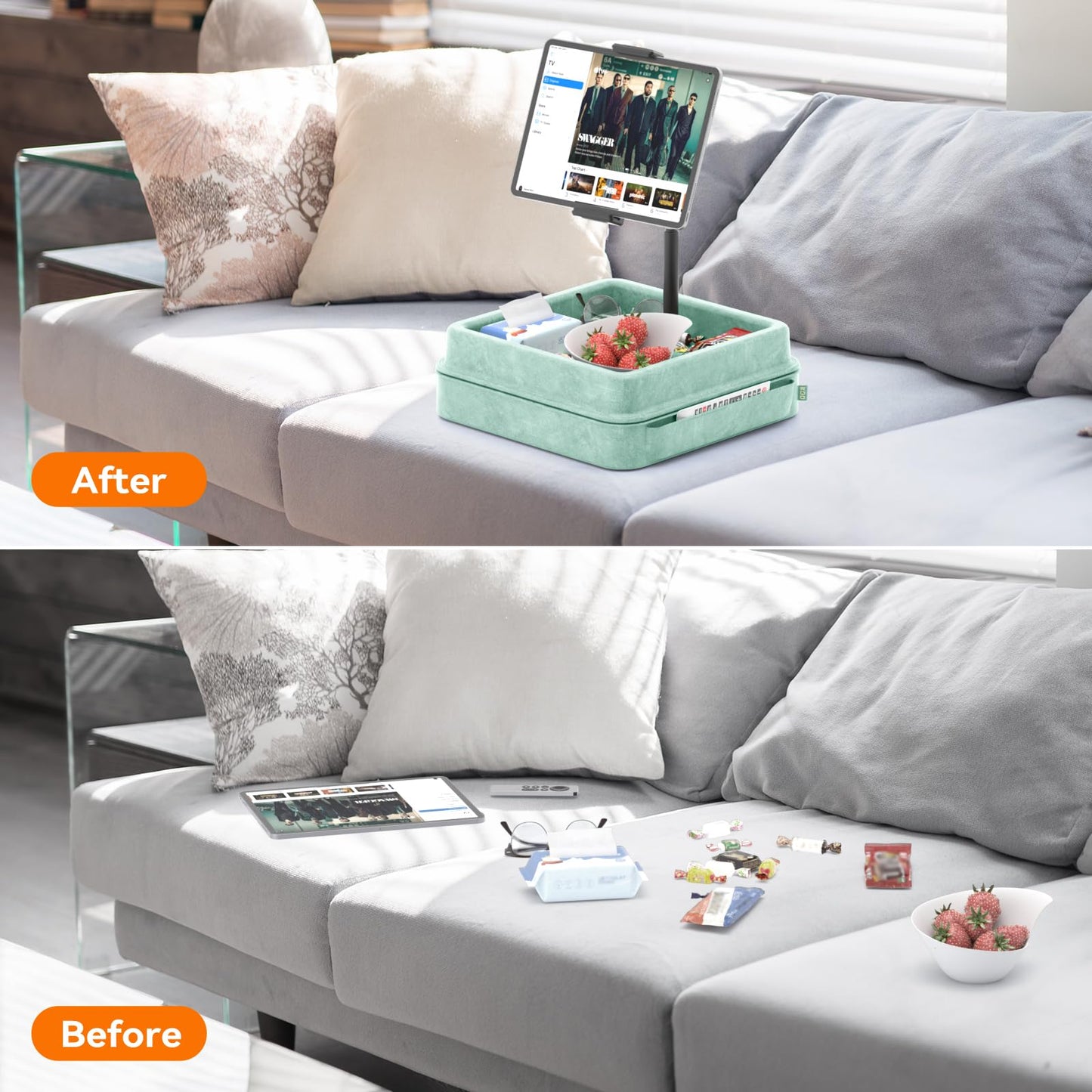 KDD Tablet Pillow Holder - 360°Adjustable iPad Pillow Stand for Lap, Bed and Desk - Gooseneck Tablet Soft Pad Dock with Storage Tray and Pocket Compatible with iPad Pro 12.9, Air Mini, Phone,(Green)
