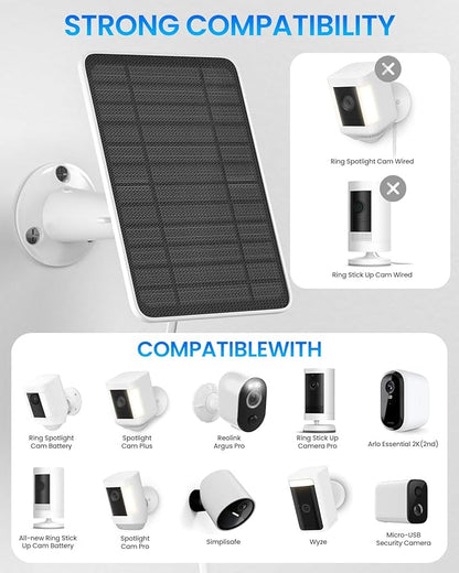 5W Solar Panel for Ring Camera, Solar Panel Charger Compatible with Ring Spotlight Plus/Pro Stick Up Outdoor Cam Battery, 9.8ft Cable with USB-C to Barrel Plug Adapter & Micro-USB Adapter, 4 Pack