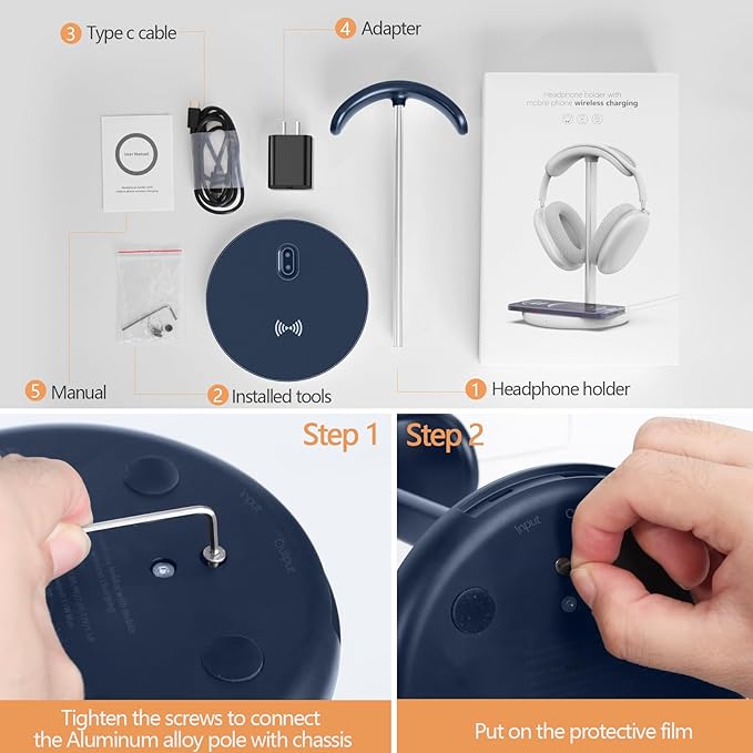 Miroddi Headphone Stand with Wireless Charger, Independent USB Charging Port, 5 in 1 Charging Station Headset Holder Rack for iWatch, iPhone, Samsung and Desk All Headphones, Dark Blue