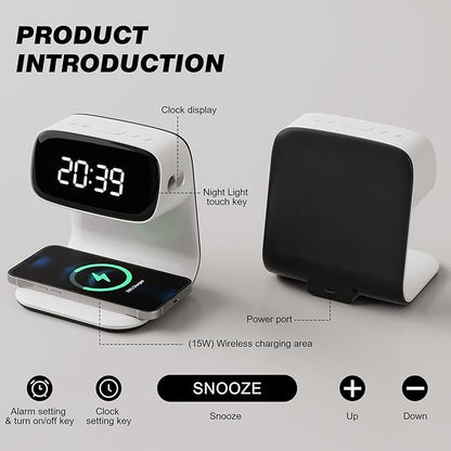 Digital Alarm Clock with Wireless Fast Charging Station 15W Touch Smart Lamp for Bedside,3 Colors Nightlight Adjustment Night Lamp for Living Room,Bedside,Heavy Sleepers (White-01-Adapter)