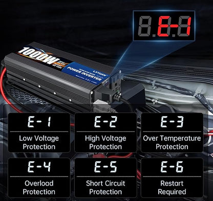 LVYUAN 1000 Watt Pure Sine Wave Power Inverter 12V to 110V/120V DC to AC Converter with Dual Sockets, Dual USB Ports, LED Display for Home Outdoor RV Car Power Inverter Power Adapter